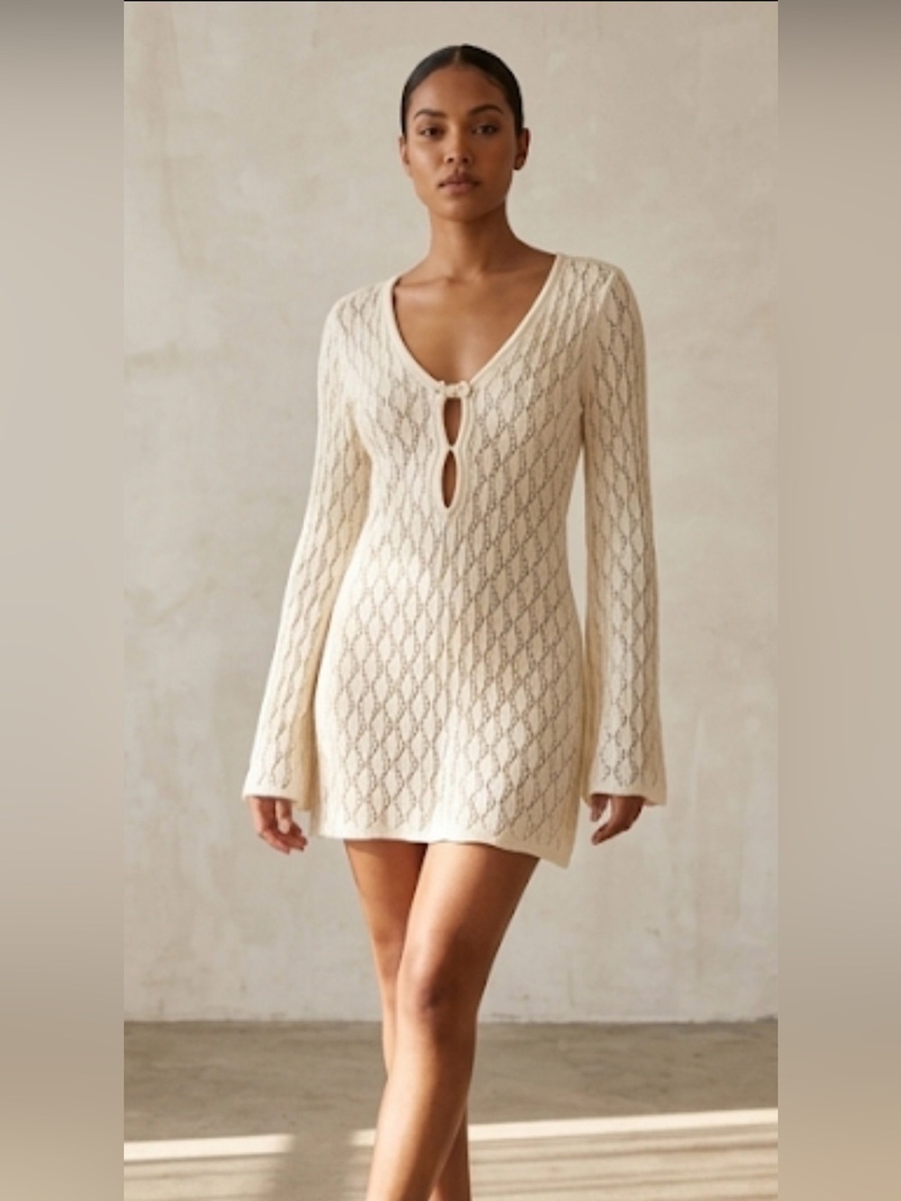 Streetwear Society Crochet Knit Mini Dress Beige Bell Sleeve Size L